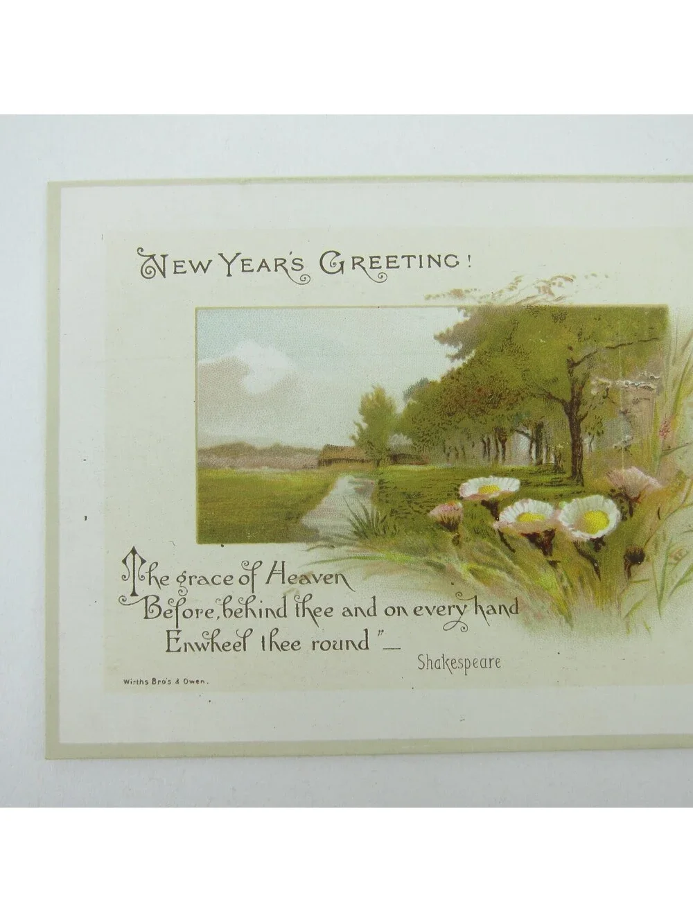 Victorian Greeting Card New Years Wirths Bros & Owen House Flowers Trees Antique